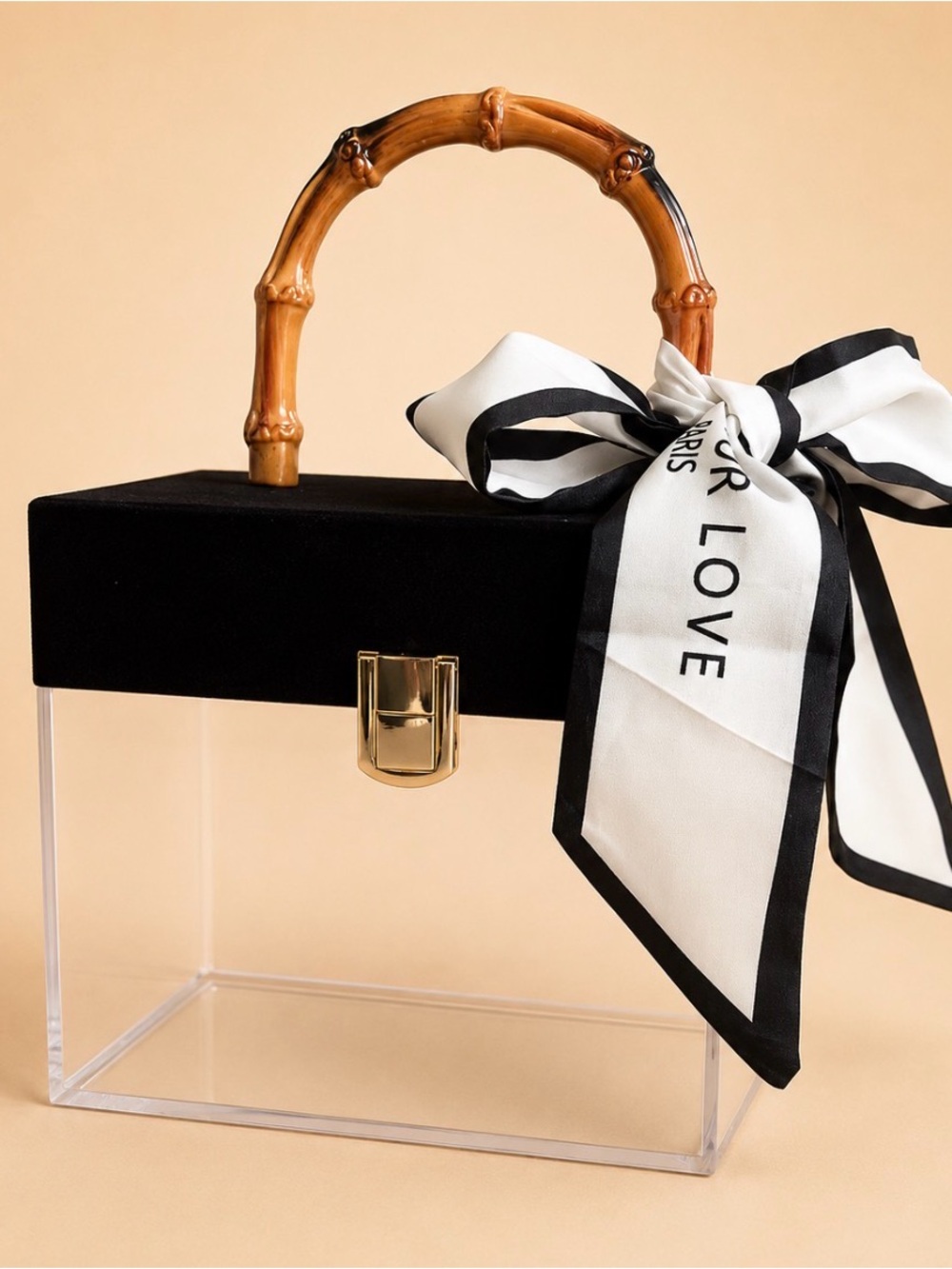 Black Velvet & Clear Acrylic Box Bag with Bamboo Handle